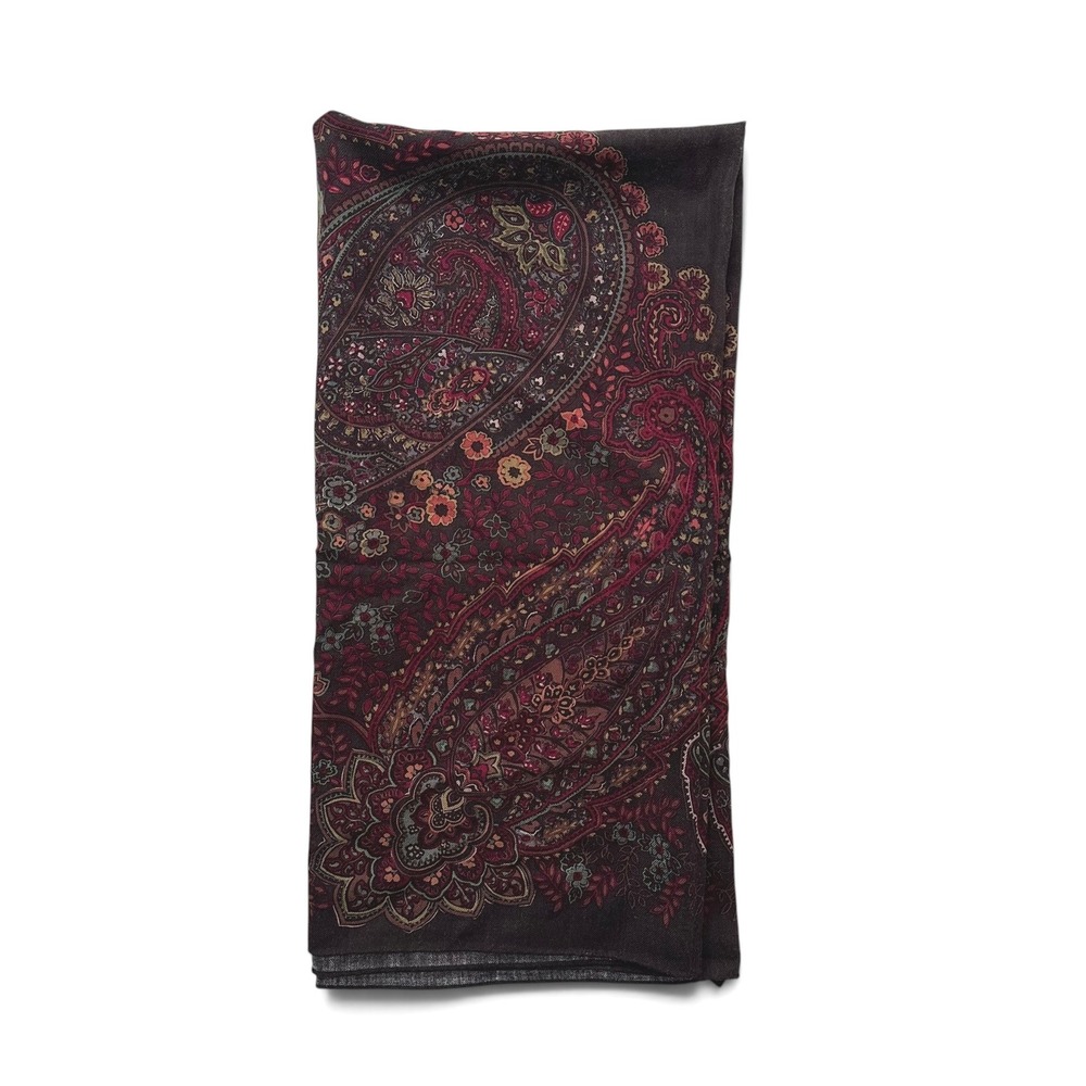 Talbots 100% Wool Scarf Made Italy Brown Burgundy Paisley Floral Square